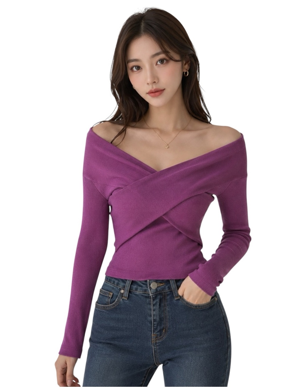 NEW Snidel Wool Blend Ribbed Knit Criss Cross Chest Pullover Sweater in Magenta